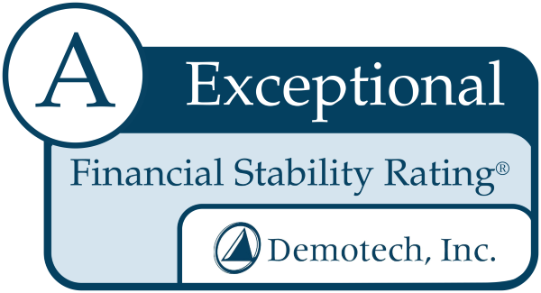 Demotech, Inc. Financial Stability Rating badge showing an 'A' grade with the word 'Exceptional' and the text 'Financial Stability Rating® – Demotech, Inc.' in a blue and light blue design.