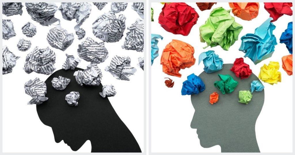 Two silhouettes with crumpled paper representing mental overload and colorful paper symbolizing clarity and positivity.