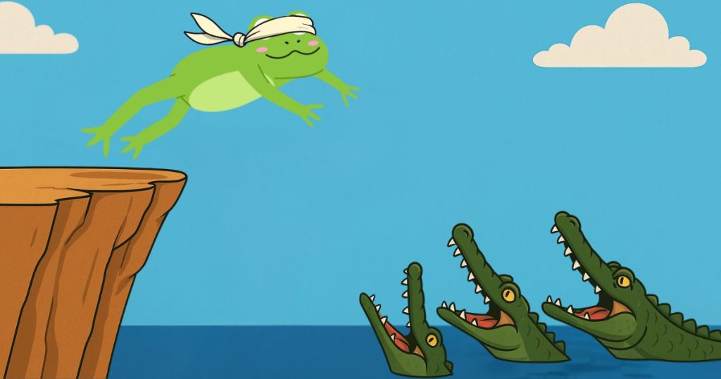 A cartoon frog wearing a blindfold leaps off a cliff toward a group of open-mouthed crocodiles waiting in the water below, symbolizing a risky or uninformed decision.