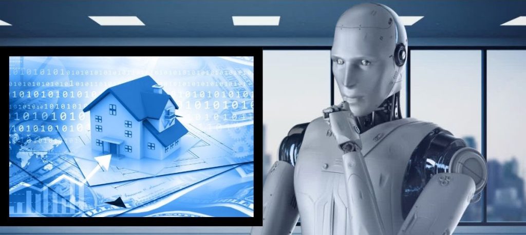 A thoughtful-looking robot stands in front of a digital screen displaying a house and data charts, with a play button overlay—suggesting a video about how AI is impacting the real estate or title insurance industry.