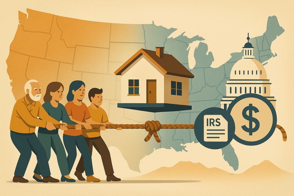 A group of people play tug-of-war with the IRS and a dollar sign, pulling a rope tied around a house in front of a U.S. map—symbolizing the struggle over property and taxes in federal estate planning.