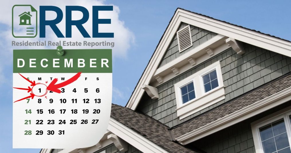 A calendar shows December 1st circled in red next to the acronym “RRE” for Residential Real Estate Reporting, overlaid on an image of a house—highlighting an important real estate reporting deadline.