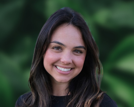 Haley Rosenblatt in front of a green and black background.