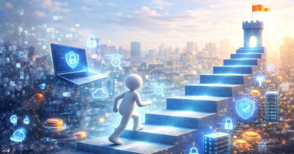 A 3D stick figure climbs glowing stairs toward a tower with a flag, surrounded by tech icons like a laptop, game controller, and security shield.