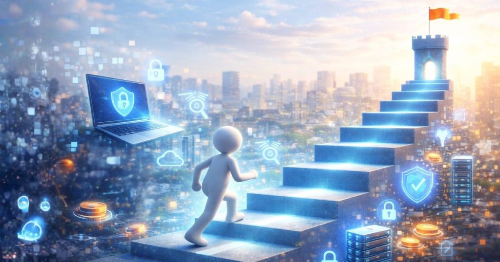 A 3D stick figure climbs glowing stairs toward a tower with a flag, surrounded by tech icons like a laptop, game controller, and security shield.