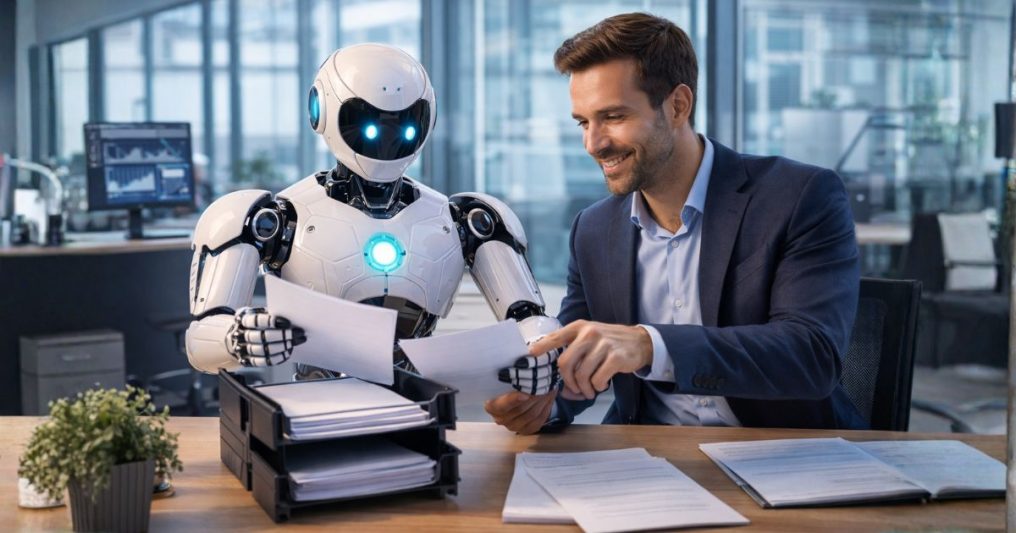 A businessman teaching an AI robot how to sort papers in the office.