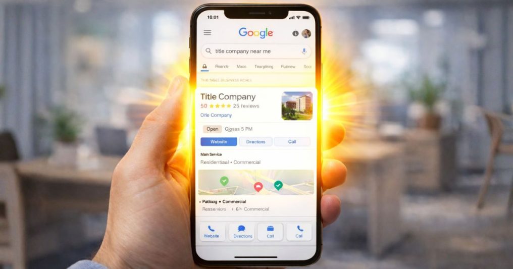 A person holding a smartphone showing a Google search result with a highlighted business profile on screen. A glow surrounds the GBP panel while the rest of the screen is slightly blurred.