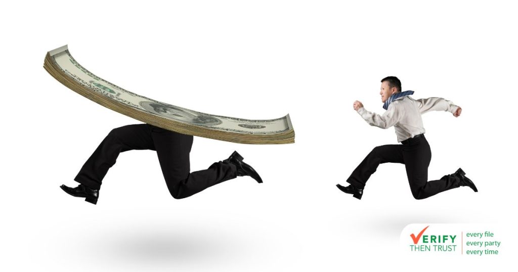 A man running after money with human legs isolated on a white background.