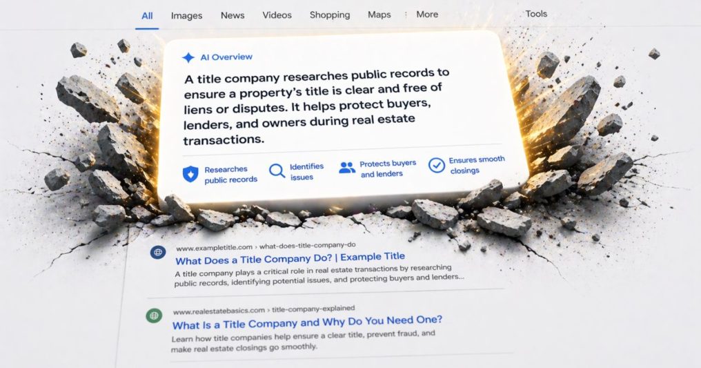 AI-generated Google search answer breaking through traditional results, representing zero-click marketing, SEO strategy, and digital marketing trends.