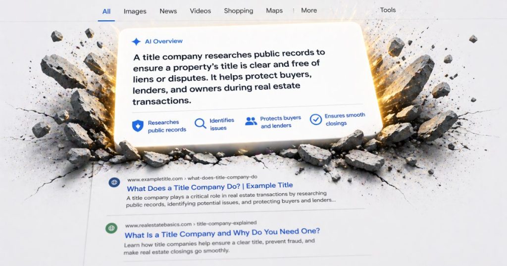 AI-generated Google search answer breaking through traditional results, representing zero-click marketing, SEO strategy, and digital marketing trends.