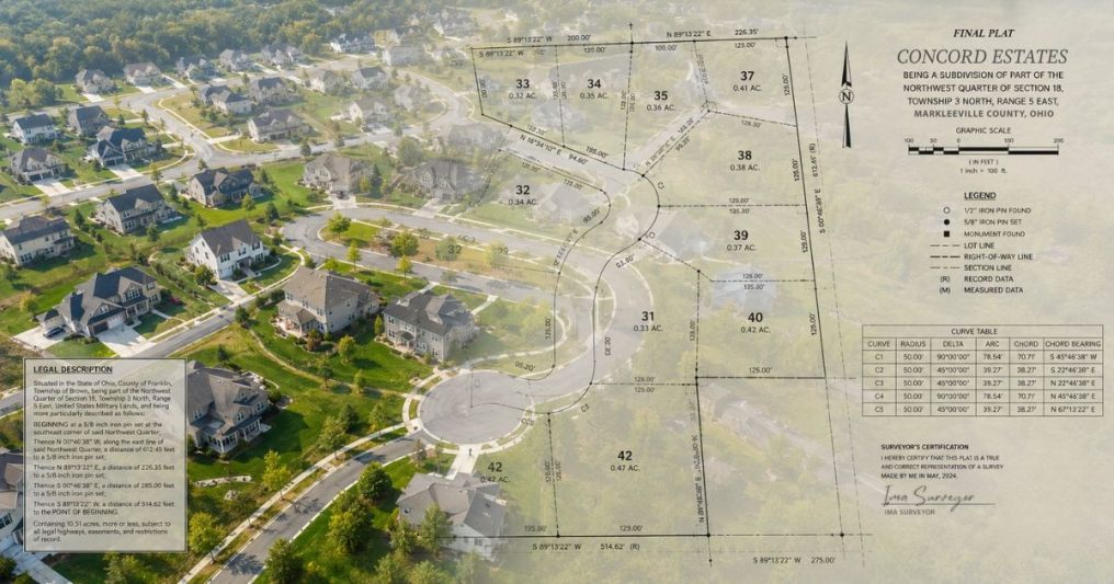 A bright aerial view of a suburban subdivision with a transparent plat map overlay showing lot boundaries, parcel dimensions, curve tables, and legal description details, illustrating how legal descriptions identify and define real property ownership.
