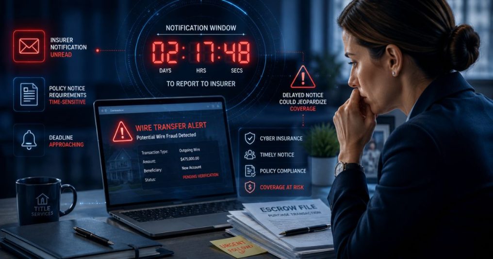 A corporate cybersecurity scene showing a title professional responding to a wire fraud alert while a digital countdown clock and insurer notification warnings emphasize the urgency of reporting cyber incidents quickly to preserve insurance coverage.
