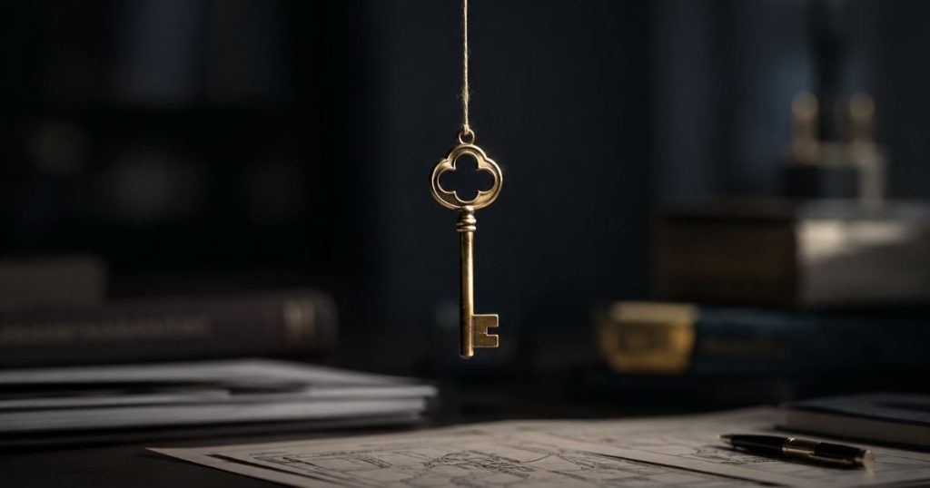 Antique key suspended by a thin cord in a dim study.